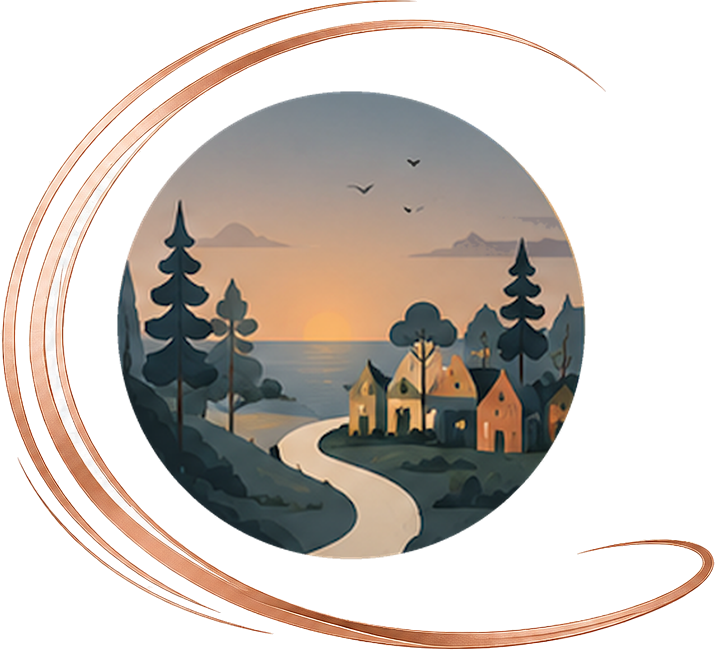 The Larne Grove emblem — a village at dusk wrapped in the rose-gold spiral from the brand mark
